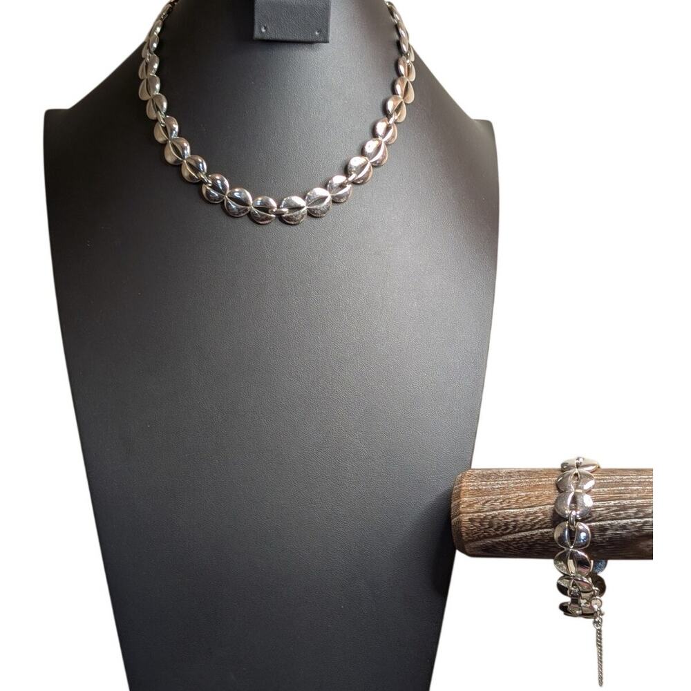 Vintage Monet Modernist Silver Tone Necklace & Bracelet Set